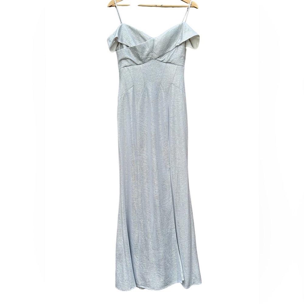 Nightway Gown Prom Dress Silver Metallic Formal Off Shoulder Slit Formal Sz. 8